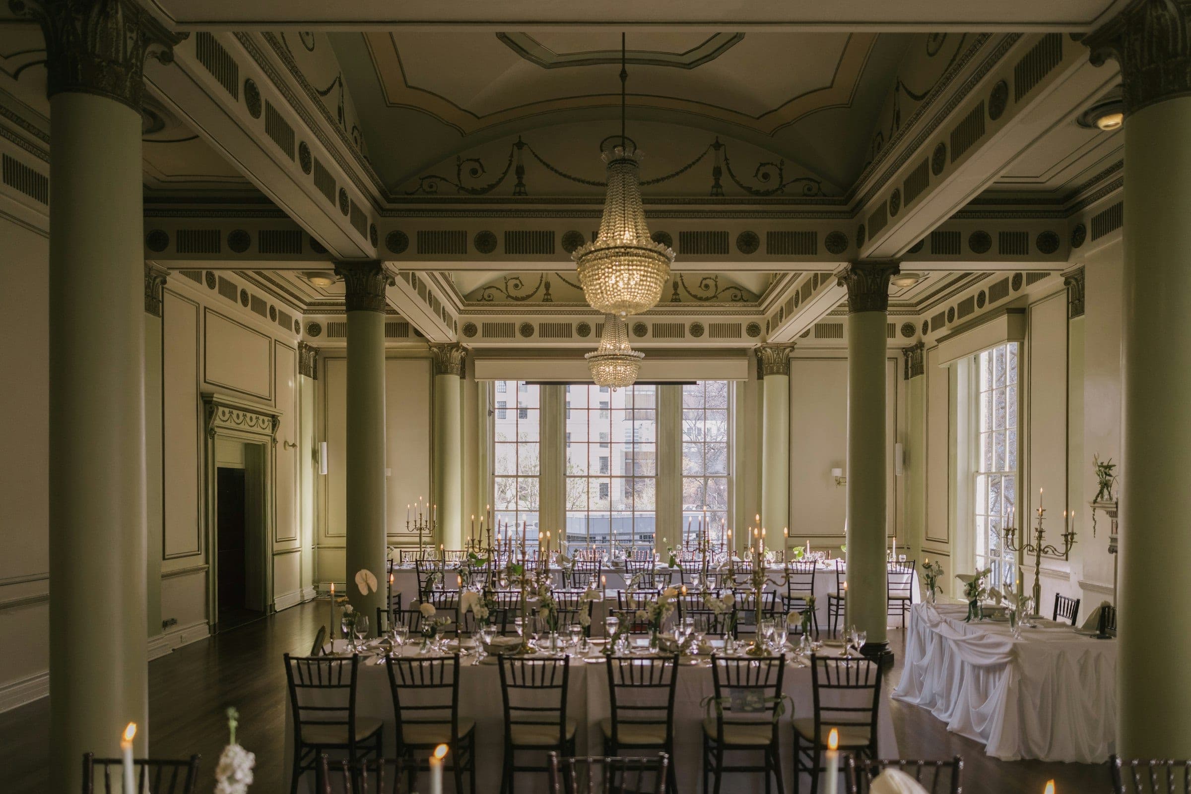 Banquet hall set for a reception